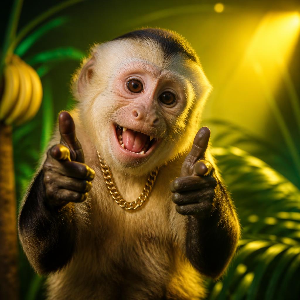 Dex the monkey, a capuchin wearing a gold chain, pointing at the camera